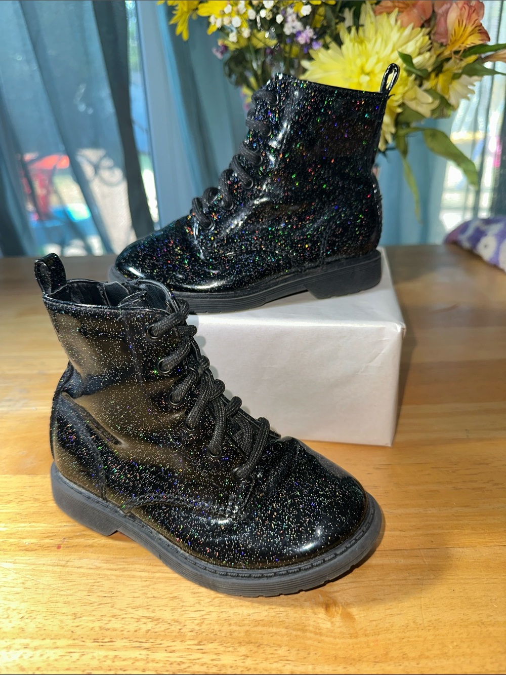 🤩Girls' Black Glitter Lace-Up Ankle Boots - Sparkle Finish. 🎁3